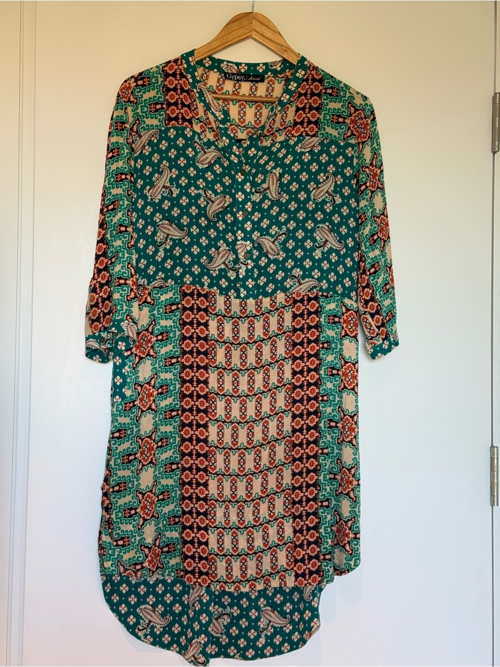 Gypsy 05 Teal Paisley & Coral Patchwork High-Low Dress